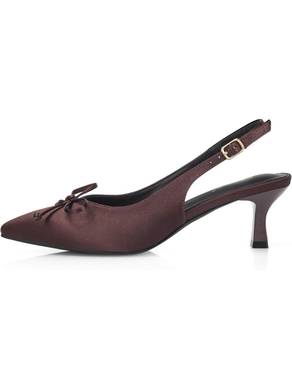 Women's Brown Satin With Bowknot Slingback Pump Closed Toe Low Kitten Heel Shoes - Picture 5 of 6